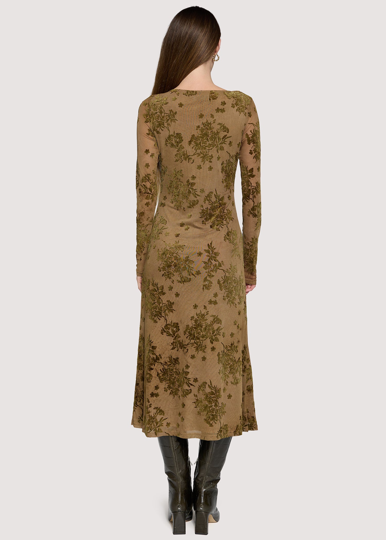 Lost + Wander Dusklight Garden Burnout Floral Mesh Midi Dress in Brown Olive-Midi Dresses-Lost + Wander-Deja Nu Boutique, Women's Fashion Boutique in Lampasas, Texas
