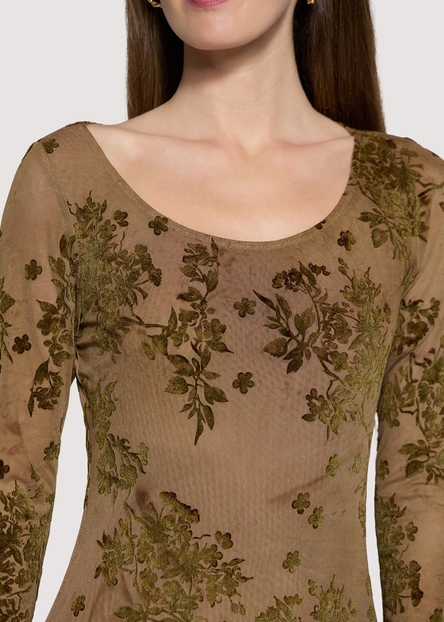 Lost + Wander Dusklight Garden Burnout Floral Mesh Midi Dress in Brown Olive-Midi Dresses-Lost + Wander-Deja Nu Boutique, Women's Fashion Boutique in Lampasas, Texas