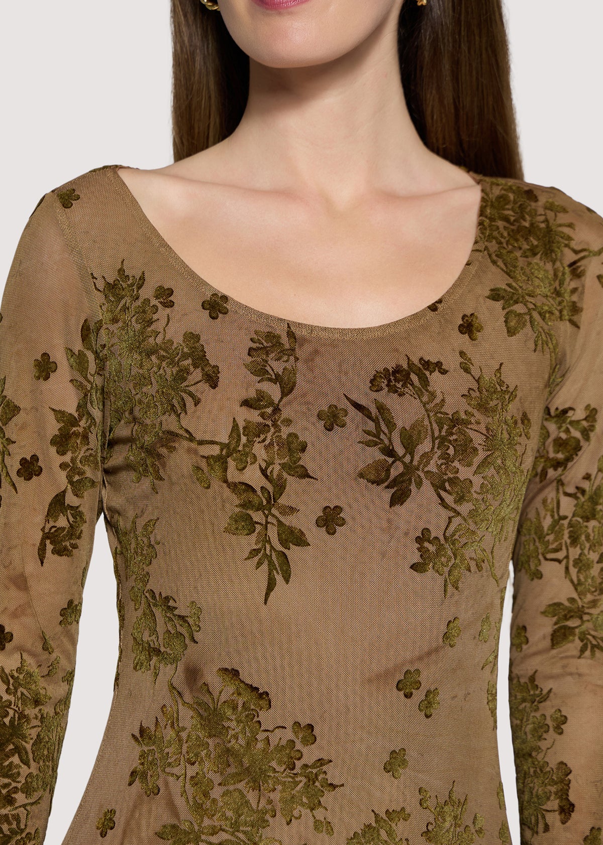 Lost + Wander Dusklight Garden Burnout Floral Mesh Midi Dress in Brown Olive-Midi Dresses-Lost + Wander-Deja Nu Boutique, Women's Fashion Boutique in Lampasas, Texas