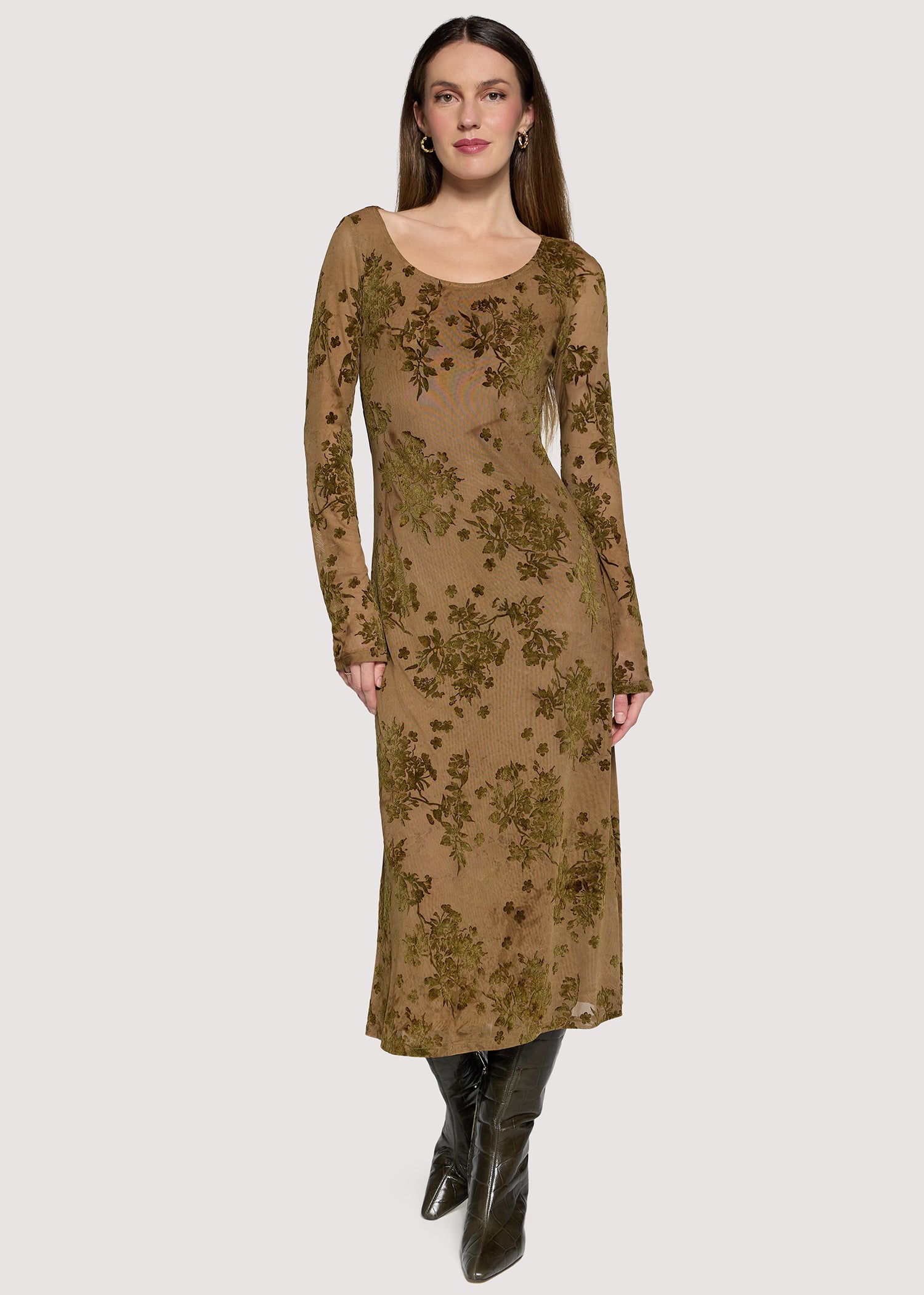 Lost + Wander Dusklight Garden Burnout Floral Mesh Midi Dress in Brown Olive-Midi Dresses-Lost + Wander-Deja Nu Boutique, Women's Fashion Boutique in Lampasas, Texas