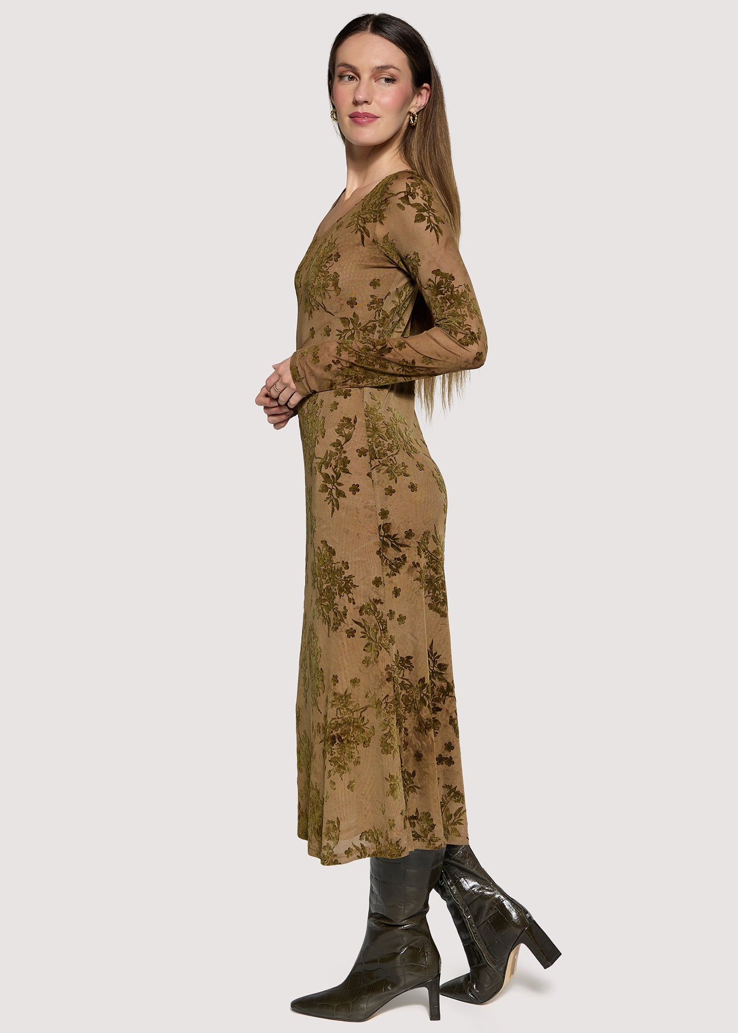 Lost + Wander Dusklight Garden Burnout Floral Mesh Midi Dress in Brown Olive-Midi Dresses-Lost + Wander-Deja Nu Boutique, Women's Fashion Boutique in Lampasas, Texas