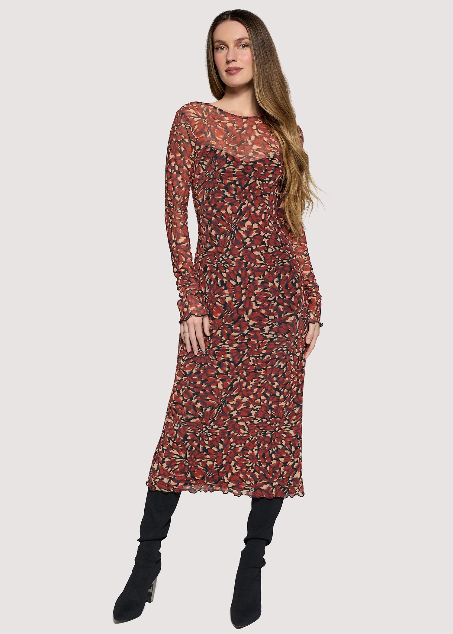 Lost + Wander Hazy Charm Floral Mesh Midi Dress in Red Black-Midi Dresses-Lost + Wander-Deja Nu Boutique, Women's Fashion Boutique in Lampasas, Texas