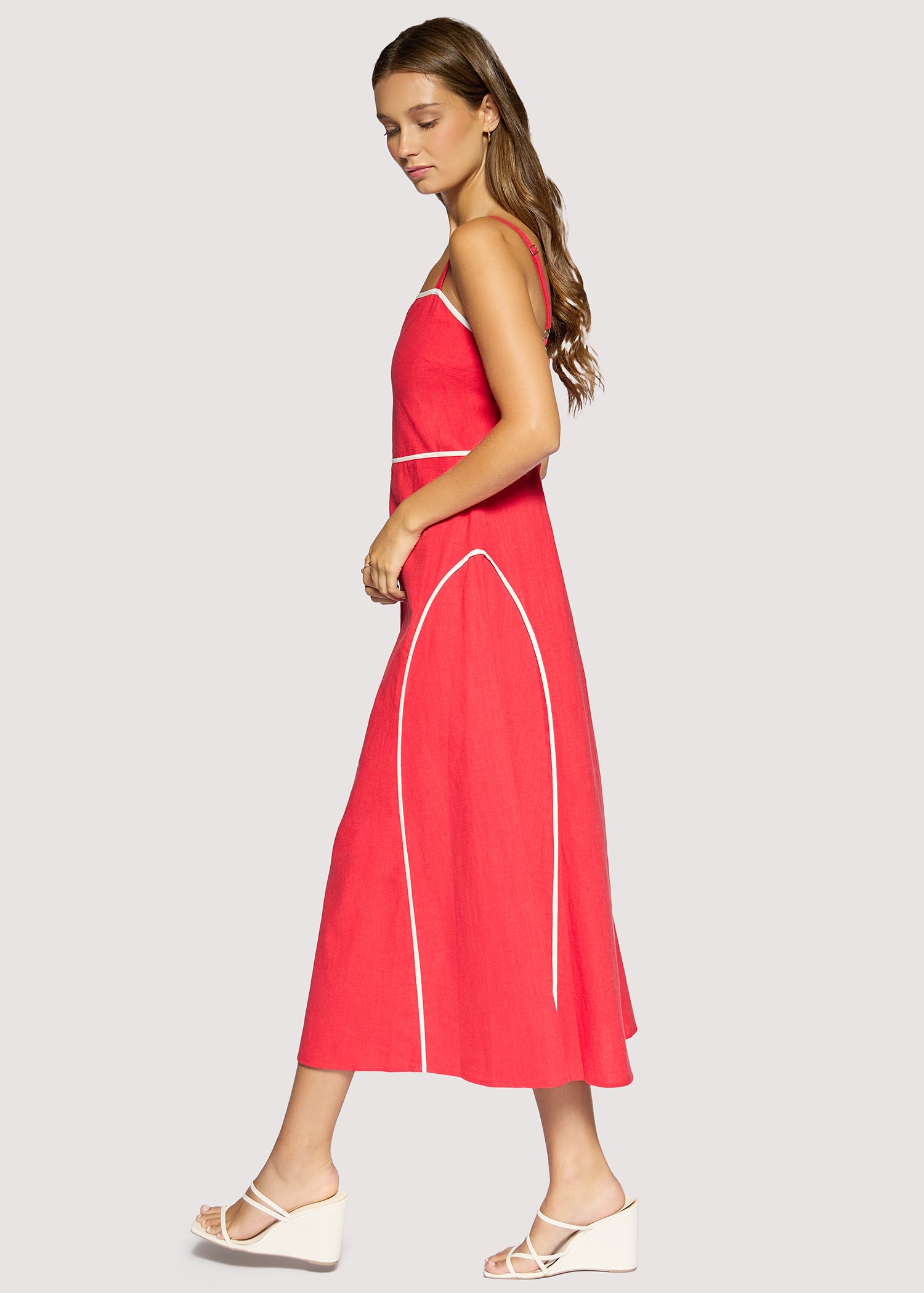 Lost + Wander Red Linen Maxi Dress with Contrast Trim | Saffron Muse Summer Midi Dress-Maxi Dresses-Lost + Wander-Deja Nu Boutique, Women's Fashion Boutique in Lampasas, Texas