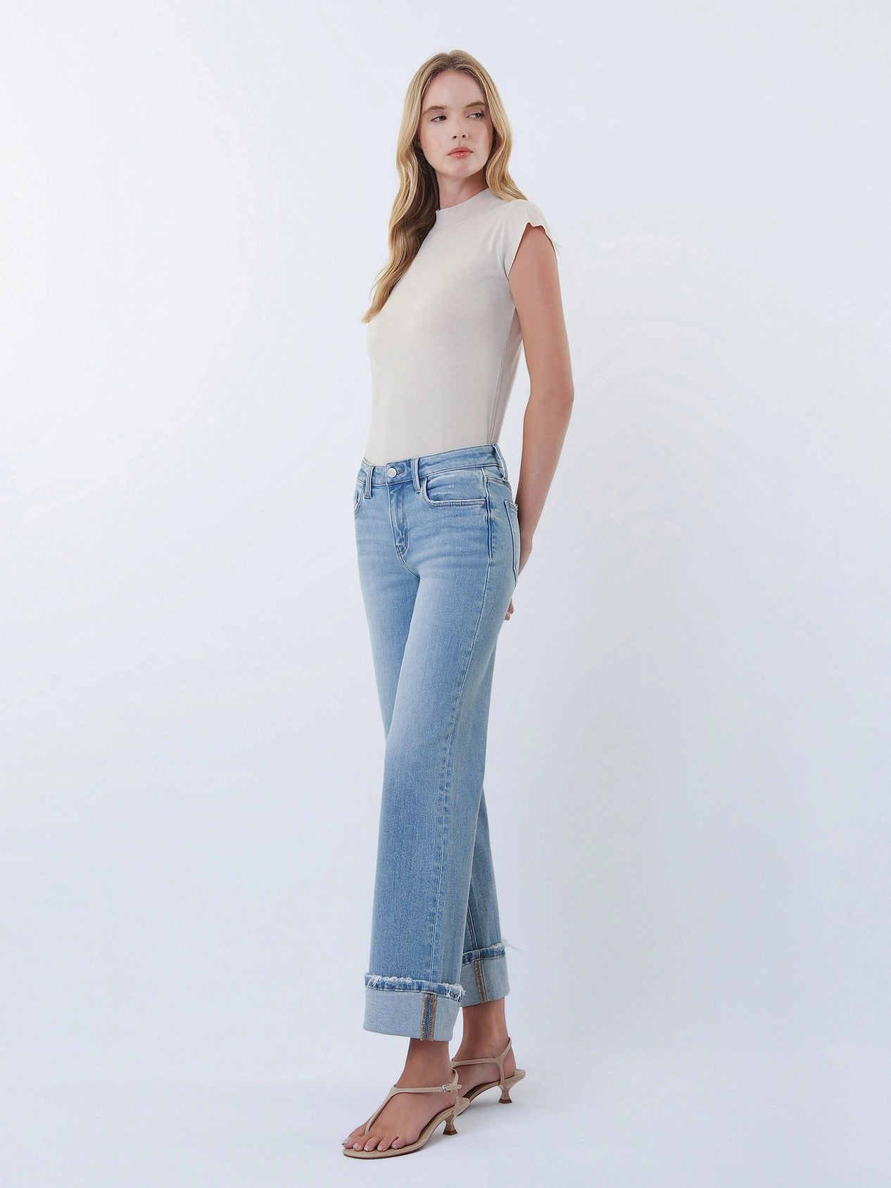 Lovervet by Vervet Mid Rise Medium Light Wash Cuffed Slim Wide Leg Jeans-Jeans-Lovervet by Vervet-Deja Nu Boutique, Women's Fashion Boutique in Lampasas, Texas