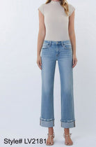 Lovervet by Vervet Mid Rise Medium Light Wash Cuffed Slim Wide Leg Jeans-Jeans-Lovervet by Vervet-Deja Nu Boutique, Women's Fashion Boutique in Lampasas, Texas