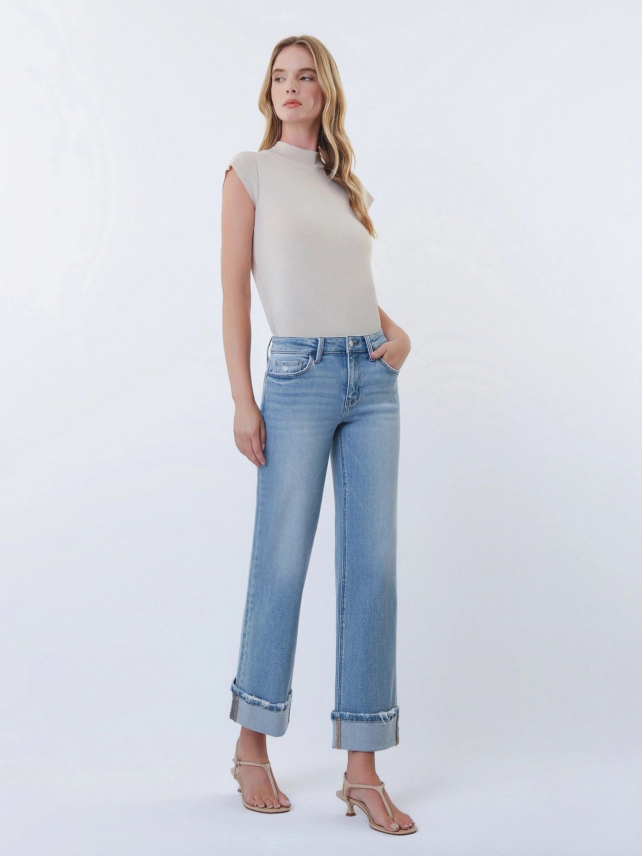 Lovervet by Vervet Mid Rise Medium Light Wash Cuffed Slim Wide Leg Jeans-Jeans-Lovervet by Vervet-Deja Nu Boutique, Women's Fashion Boutique in Lampasas, Texas