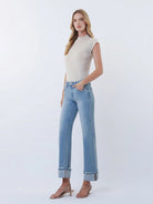 Lovervet by Vervet Mid Rise Medium Light Wash Cuffed Slim Wide Leg Jeans-Jeans-Lovervet by Vervet-Deja Nu Boutique, Women's Fashion Boutique in Lampasas, Texas