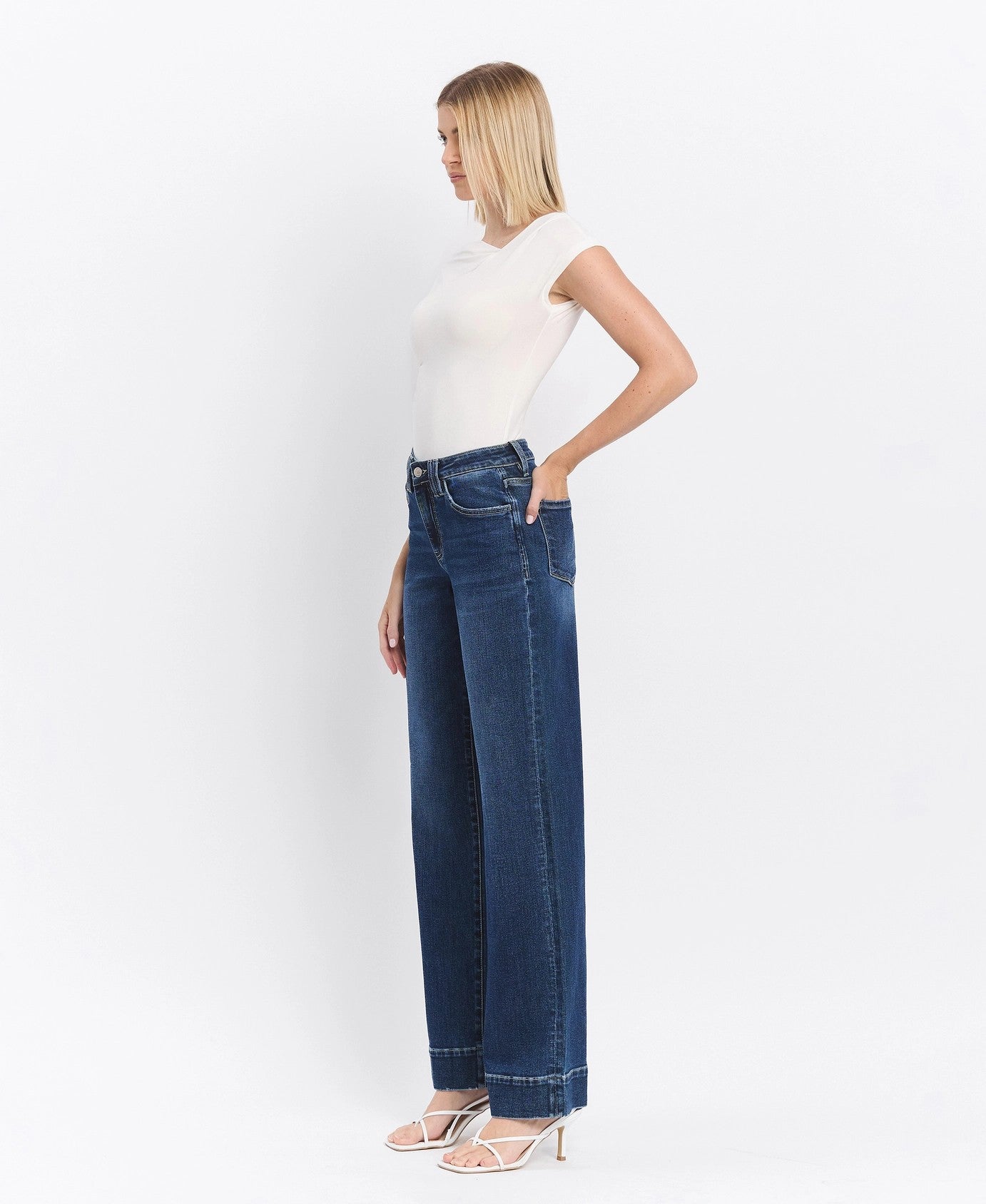 Lovervet by Vervet High Rise Dark Wash Trouser Hem Wide Jeans-Jeans-Lovervet by Vervet-Deja Nu Boutique, Women's Fashion Boutique in Lampasas, Texas