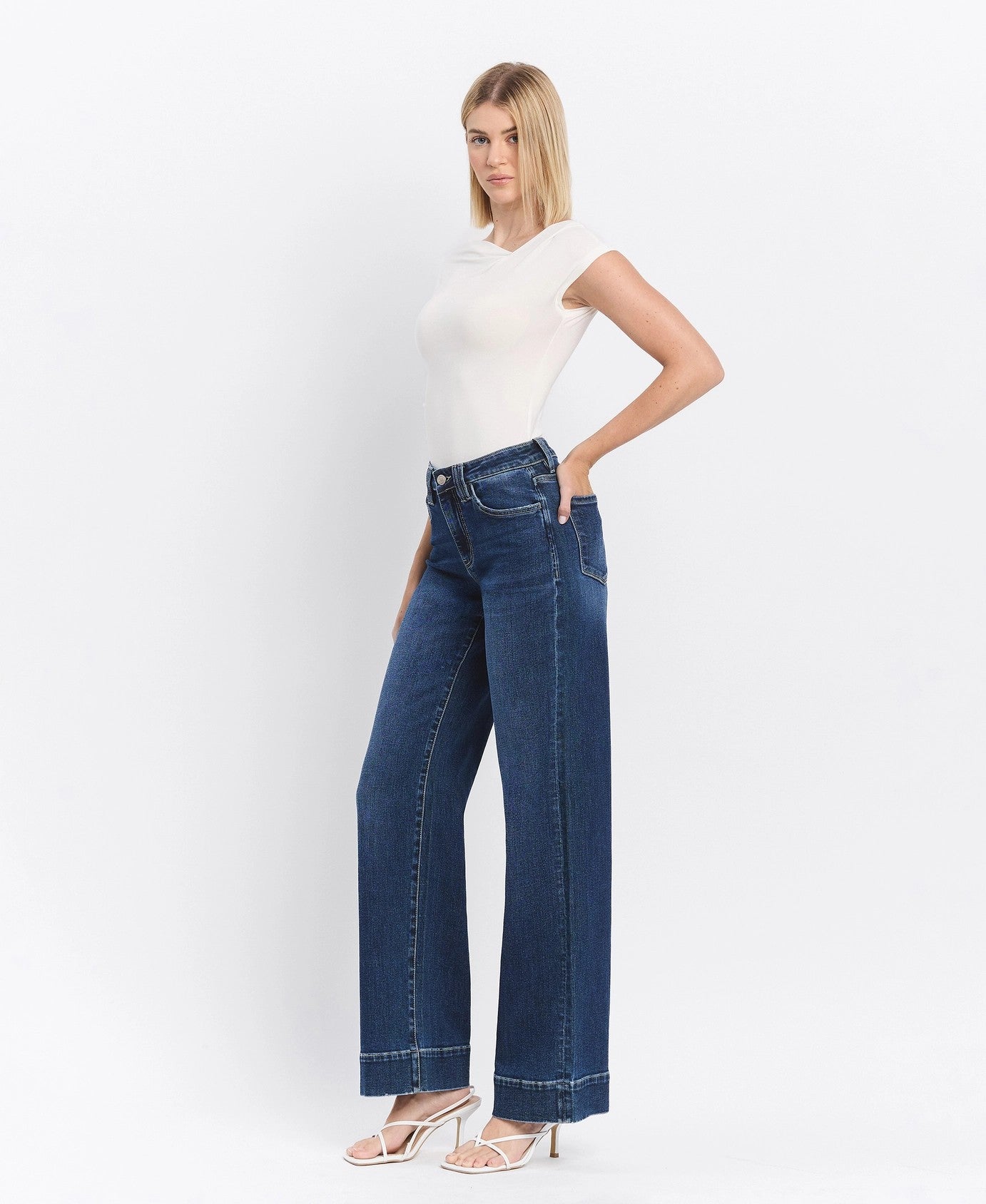 Lovervet by Vervet High Rise Dark Wash Trouser Hem Wide Jeans-Jeans-Lovervet by Vervet-Deja Nu Boutique, Women's Fashion Boutique in Lampasas, Texas
