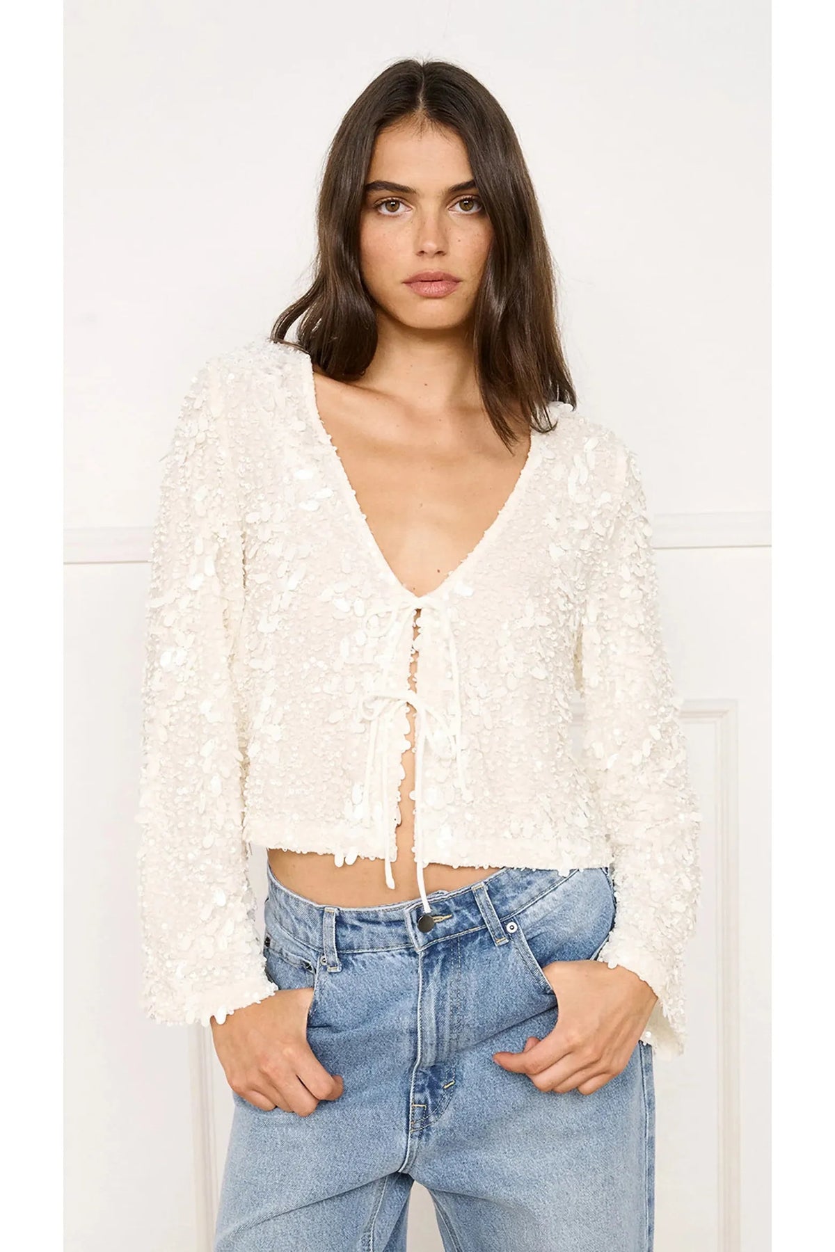 MINKPINK Carla Sequin Tie-Front Blouse in Cream-Jackets-MINKPINK-Deja Nu Boutique, Women's Fashion Boutique in Lampasas, Texas