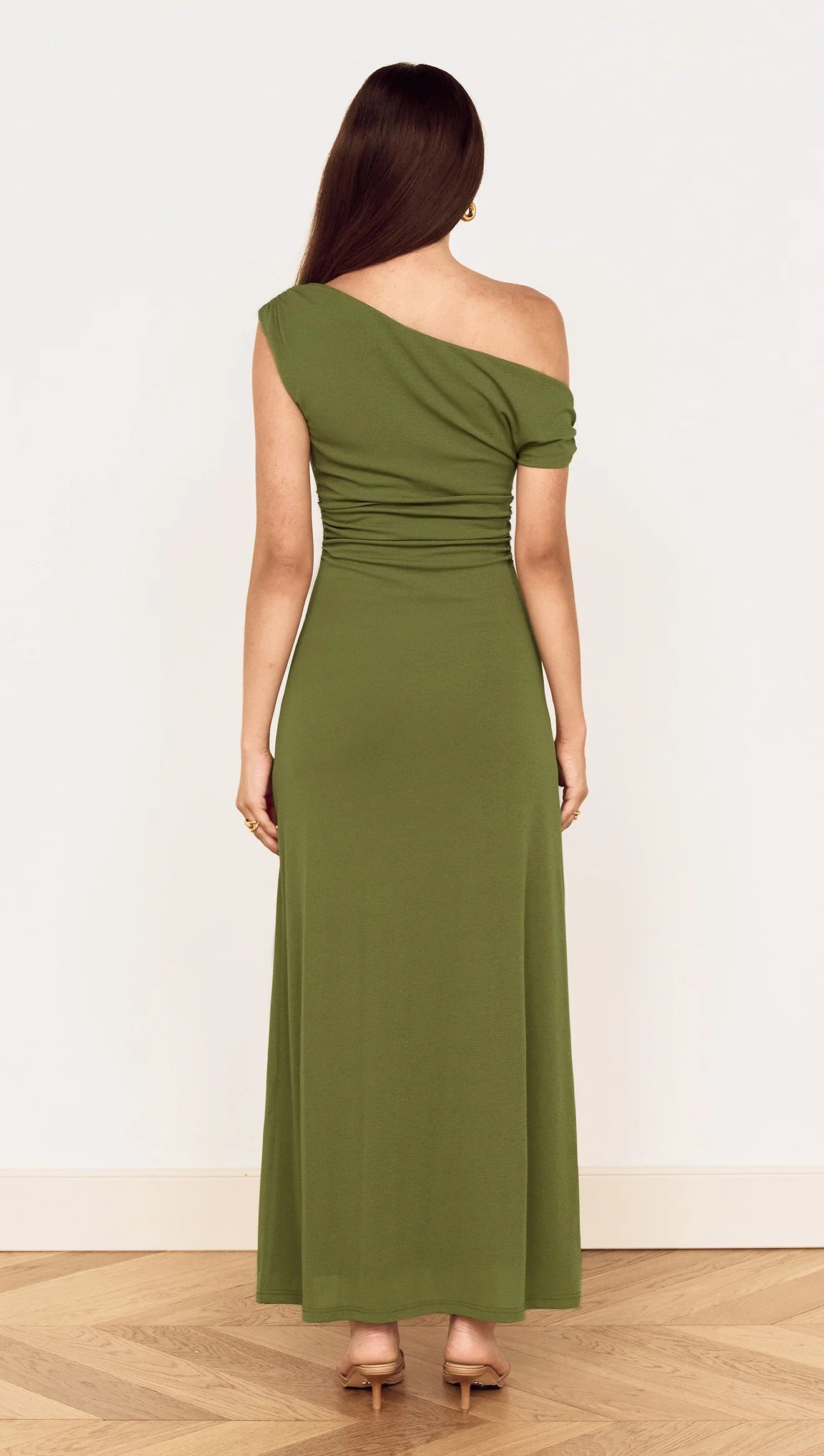 MINKPINK Green One Shoulder Mesh Midi Dress in Khaki-Maxi Dresses-MINKPINK-Deja Nu Boutique, Women's Fashion Boutique in Lampasas, Texas
