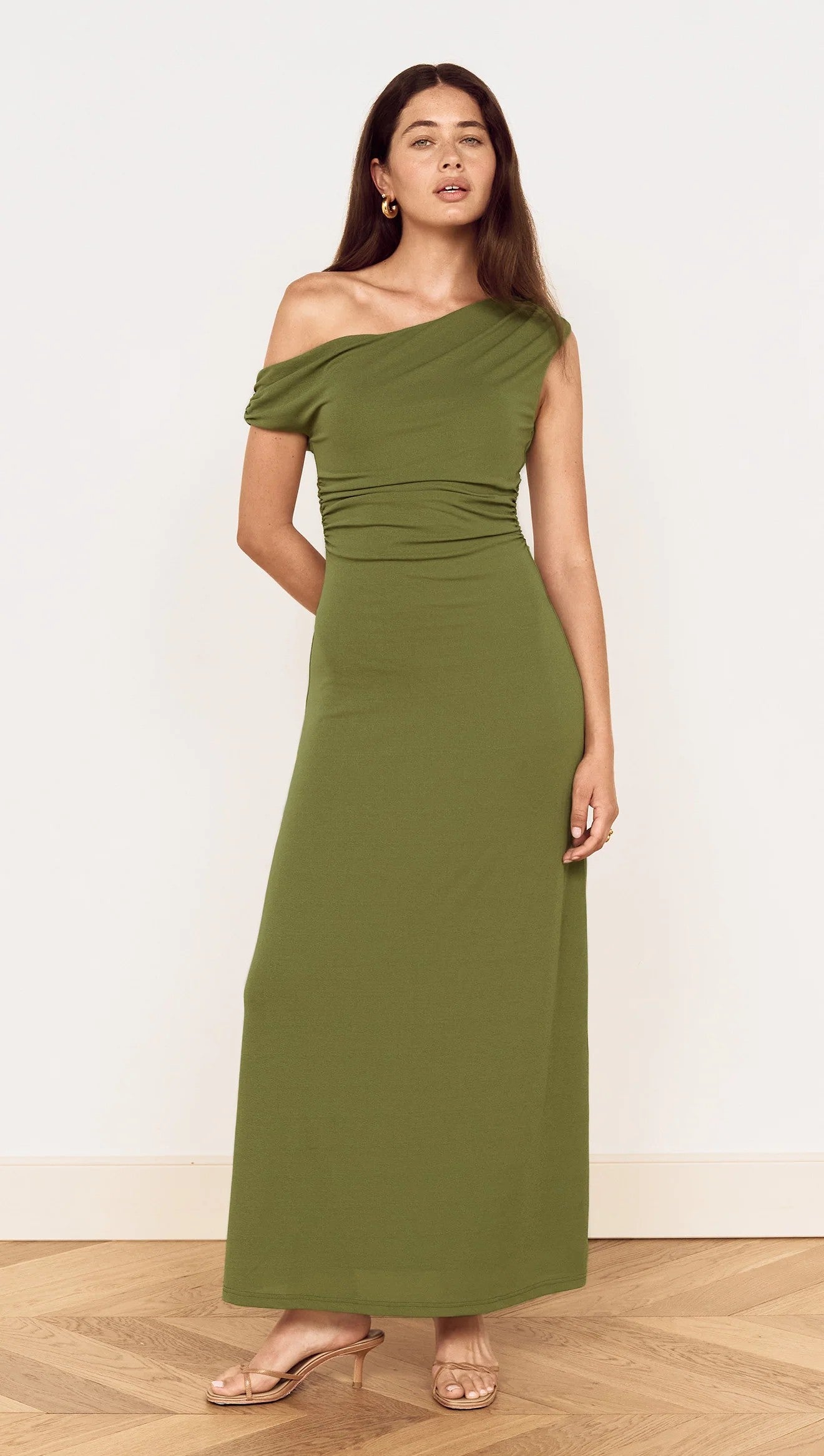 MINKPINK Green One Shoulder Mesh Midi Dress in Khaki-Maxi Dresses-MINKPINK-Deja Nu Boutique, Women's Fashion Boutique in Lampasas, Texas