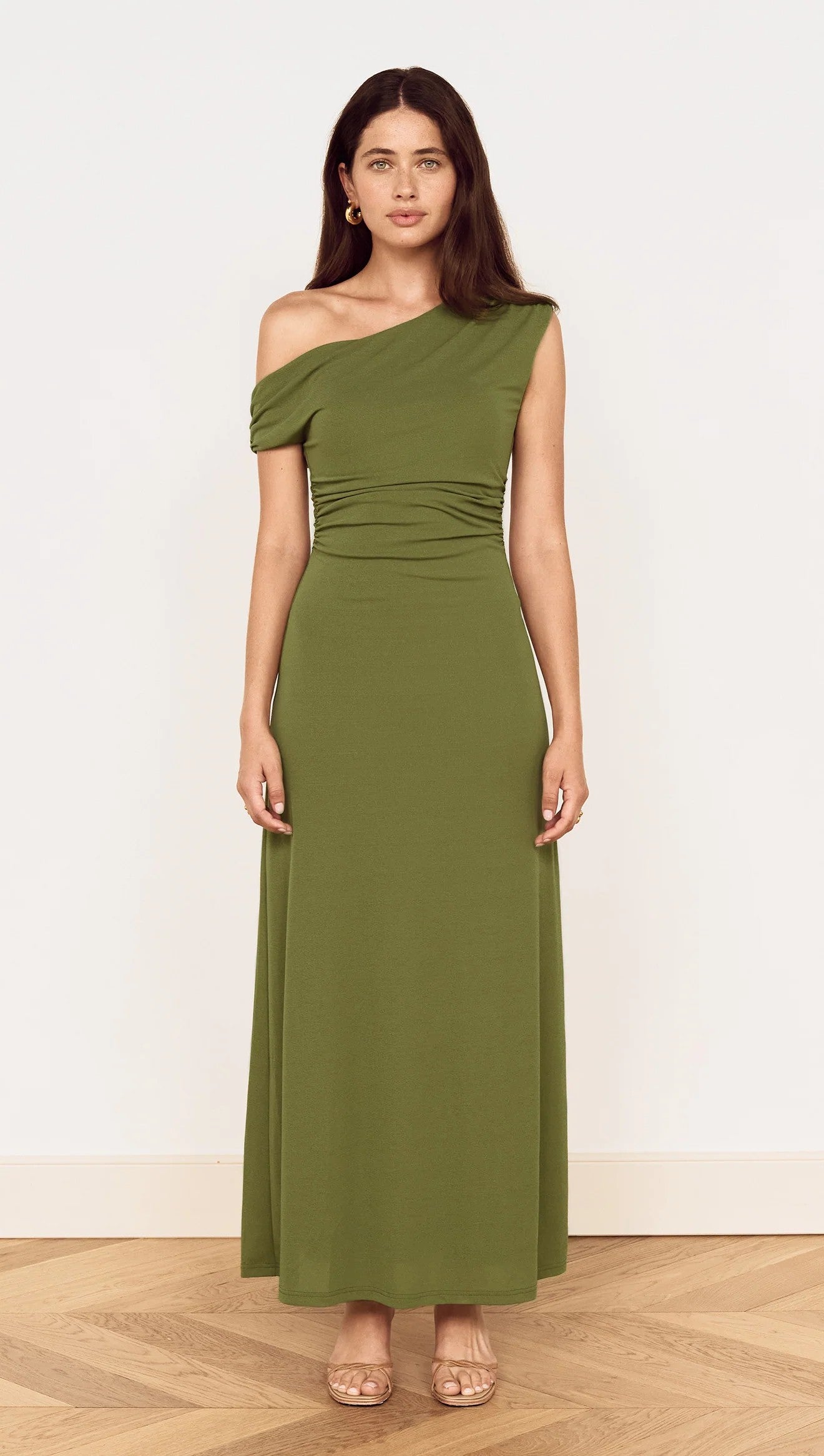 MINKPINK Green One Shoulder Mesh Midi Dress in Khaki-Maxi Dresses-MINKPINK-Deja Nu Boutique, Women's Fashion Boutique in Lampasas, Texas