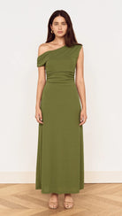 MINKPINK Green One Shoulder Mesh Midi Dress in Khaki-Maxi Dresses-MINKPINK-Deja Nu Boutique, Women's Fashion Boutique in Lampasas, Texas
