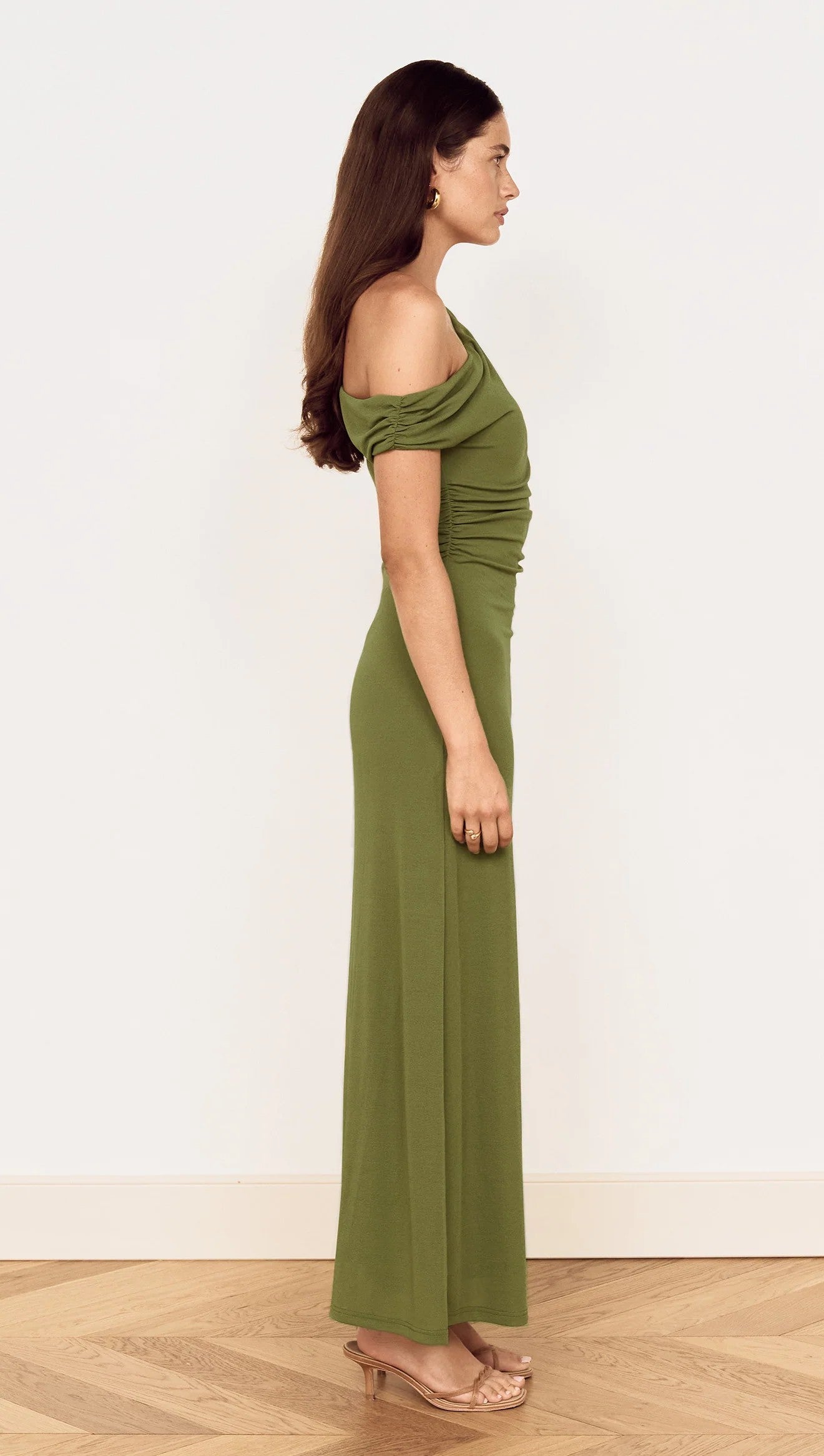 MINKPINK Green One Shoulder Mesh Midi Dress in Khaki-Maxi Dresses-MINKPINK-Deja Nu Boutique, Women's Fashion Boutique in Lampasas, Texas