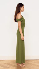 MINKPINK Green One Shoulder Mesh Midi Dress in Khaki-Maxi Dresses-MINKPINK-Deja Nu Boutique, Women's Fashion Boutique in Lampasas, Texas