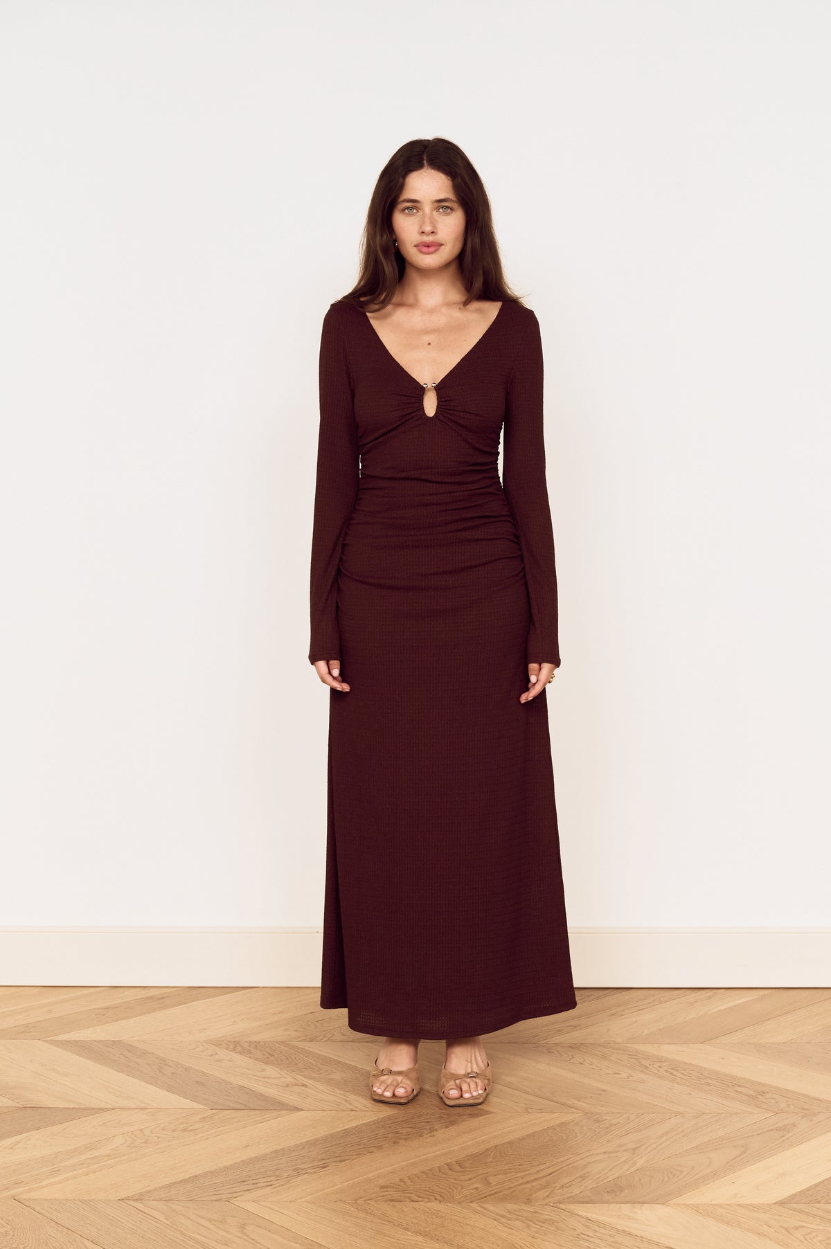 MINKPINK Hudson Chocolate Textured Midi Dress-Midi Dresses-MINKPINK-Deja Nu Boutique, Women's Fashion Boutique in Lampasas, Texas