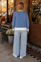 Umgee DreamPlush Fleece Contrast Banded Pullover in Denim-sweatshirt-Umgee-Deja Nu Boutique, Women's Fashion Boutique in Lampasas, Texas