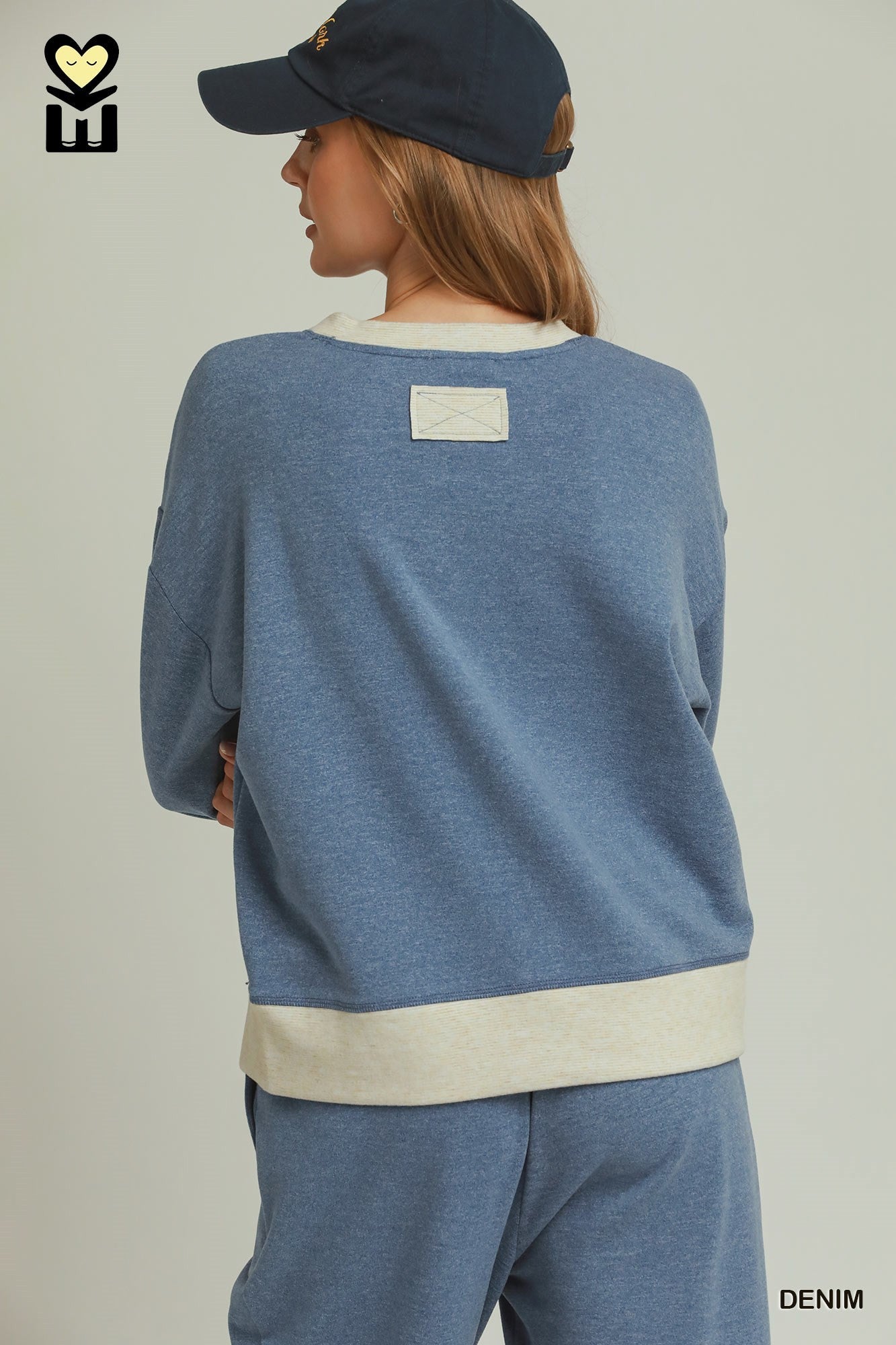 Umgee DreamPlush Fleece Contrast Banded Pullover in Denim-sweatshirt-Umgee-Deja Nu Boutique, Women's Fashion Boutique in Lampasas, Texas