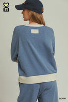 Umgee DreamPlush Fleece Contrast Banded Pullover in Denim-sweatshirt-Umgee-Deja Nu Boutique, Women's Fashion Boutique in Lampasas, Texas