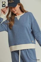 Umgee DreamPlush Fleece Contrast Banded Pullover in Denim-sweatshirt-Umgee-Deja Nu Boutique, Women's Fashion Boutique in Lampasas, Texas