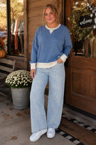 Umgee DreamPlush Fleece Contrast Banded Pullover in Denim-sweatshirt-Umgee-Deja Nu Boutique, Women's Fashion Boutique in Lampasas, Texas