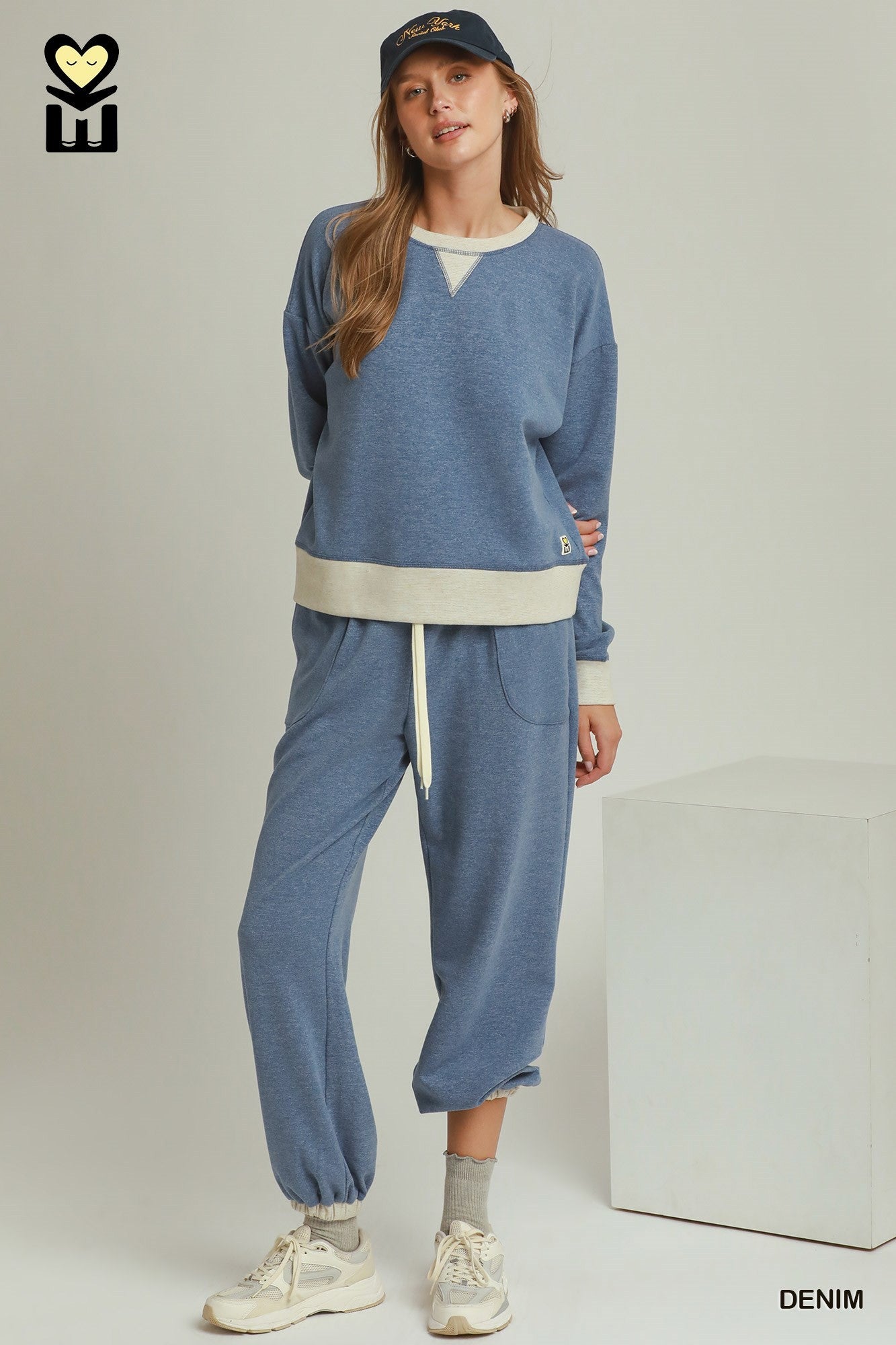 Umgee DreamPlush Fleece Contrast Banded Pullover in Denim-sweatshirt-Umgee-Deja Nu Boutique, Women's Fashion Boutique in Lampasas, Texas