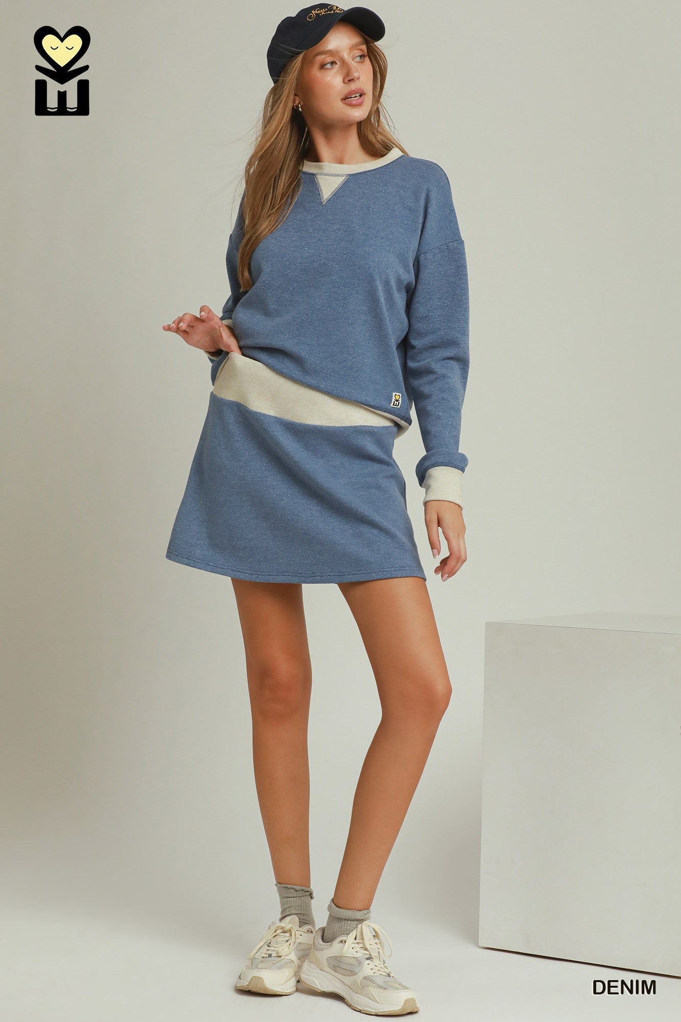Umgee DreamPlush Fleece Contrast Banded Pullover in Denim-sweatshirt-Umgee-Deja Nu Boutique, Women's Fashion Boutique in Lampasas, Texas