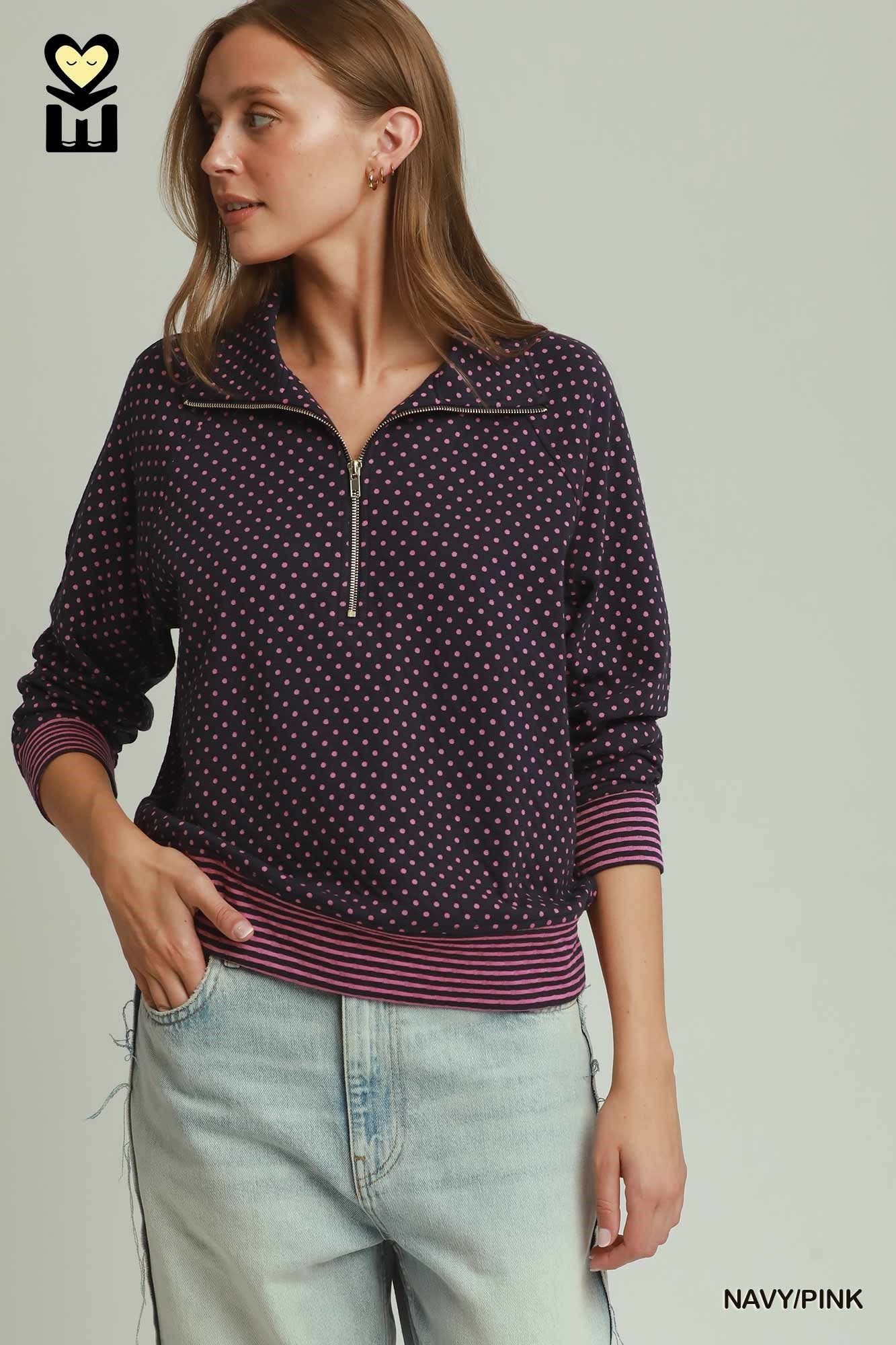 MOHMe by Umgee Navy Pink Polka Dot Half Zip Pullover-sweatshirt-Umgee-Deja Nu Boutique, Women's Fashion Boutique in Lampasas, Texas