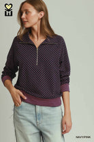 MOHMe by Umgee Navy Pink Polka Dot Half Zip Pullover-sweatshirt-Umgee-Deja Nu Boutique, Women's Fashion Boutique in Lampasas, Texas