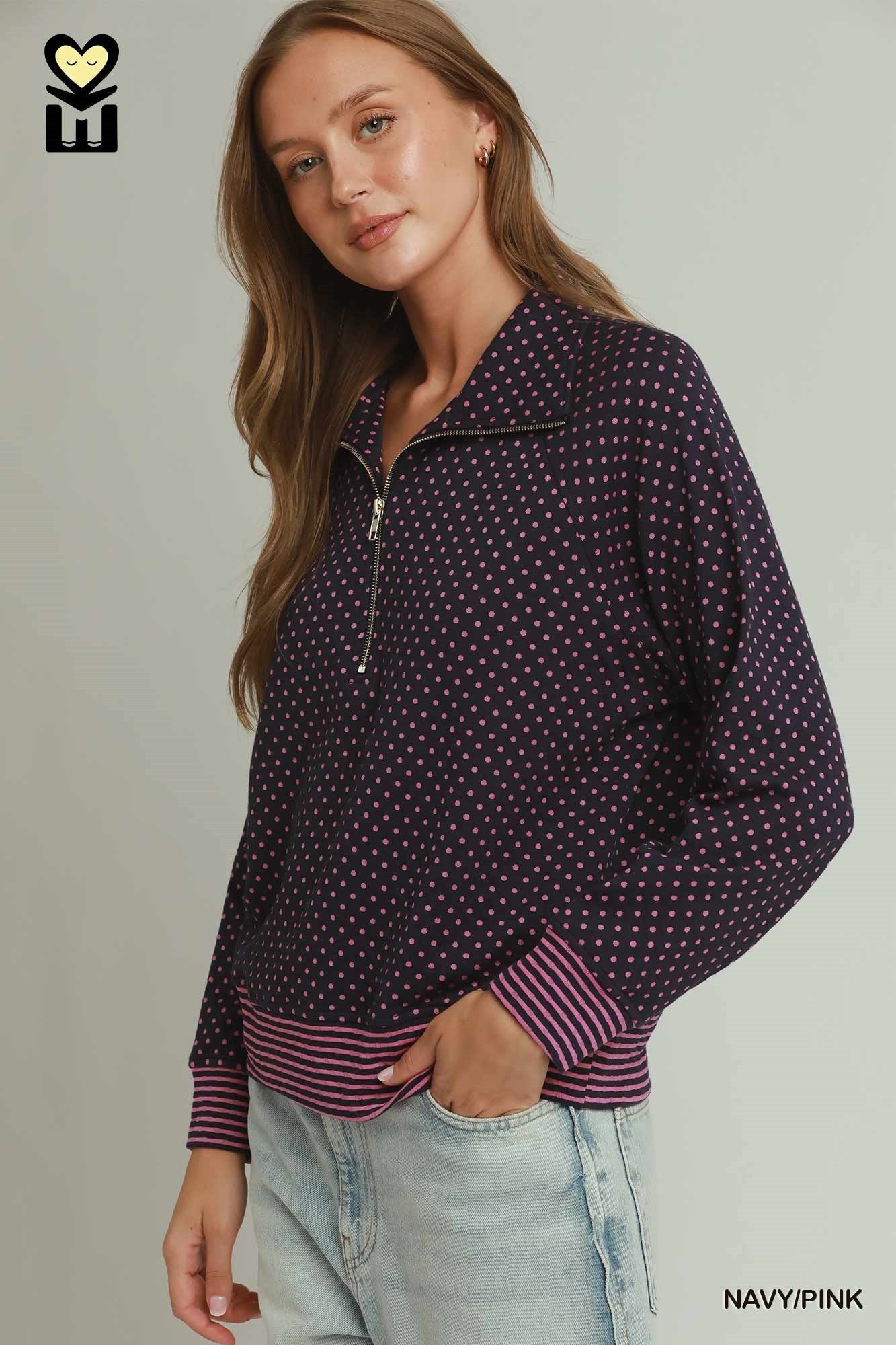 MOHMe by Umgee Navy Pink Polka Dot Half Zip Pullover-sweatshirt-Umgee-Deja Nu Boutique, Women's Fashion Boutique in Lampasas, Texas