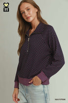 MOHMe by Umgee Navy Pink Polka Dot Half Zip Pullover-sweatshirt-Umgee-Deja Nu Boutique, Women's Fashion Boutique in Lampasas, Texas