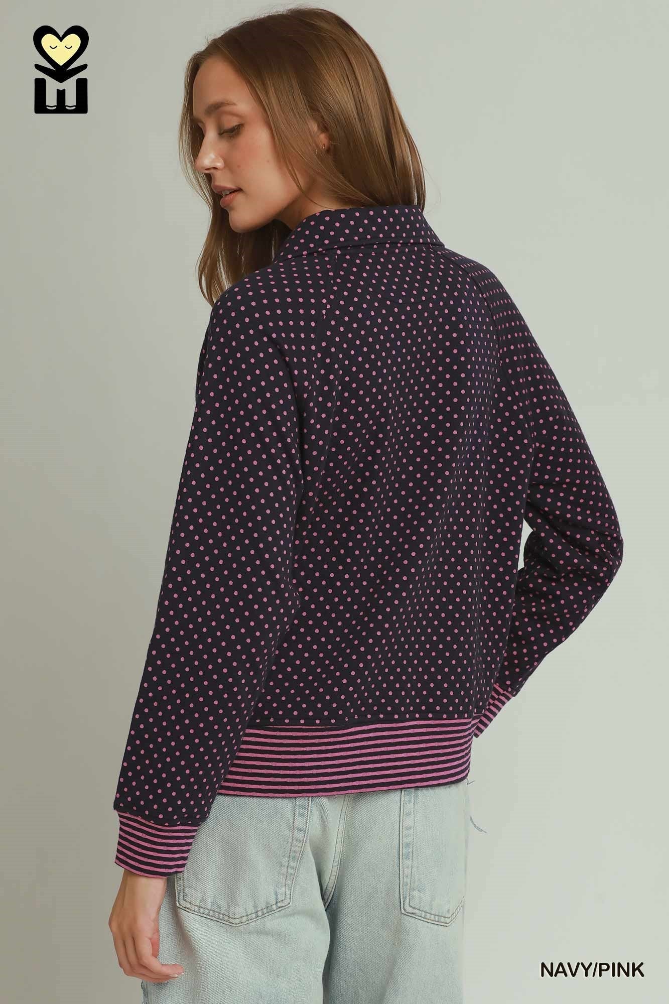 MOHMe by Umgee Navy Pink Polka Dot Half Zip Pullover-sweatshirt-Umgee-Deja Nu Boutique, Women's Fashion Boutique in Lampasas, Texas