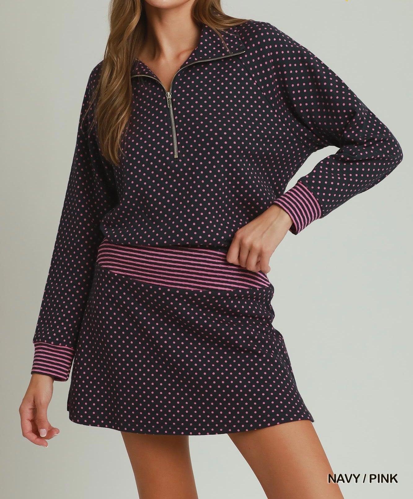 MOHMe by Umgee Navy Pink Polka Dot Half Zip Pullover-sweatshirt-Umgee-Deja Nu Boutique, Women's Fashion Boutique in Lampasas, Texas