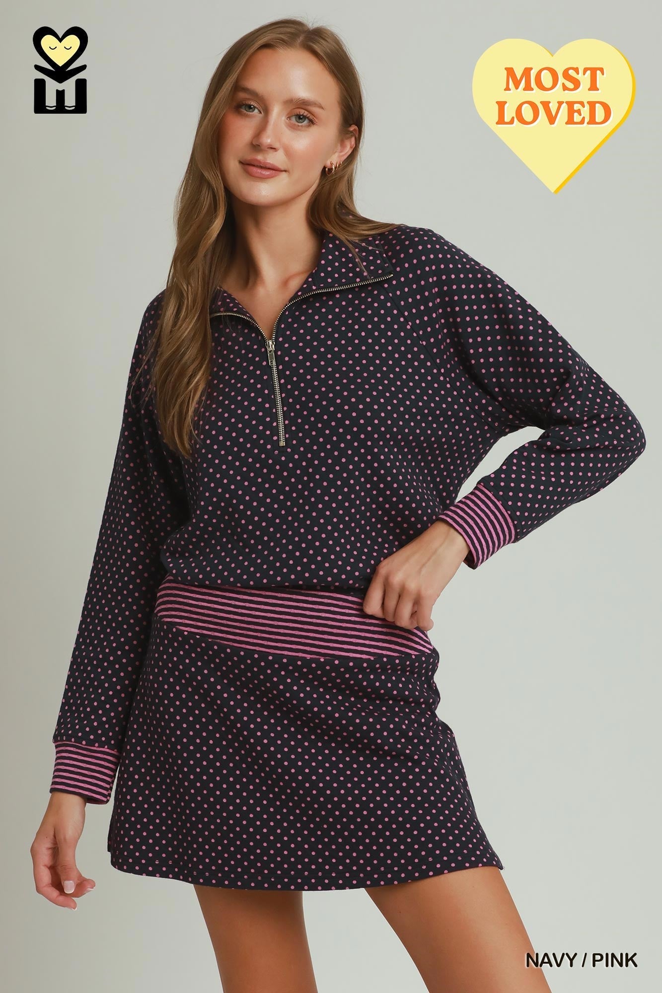 MOHMe by Umgee Navy Pink Polka Dot Half Zip Pullover-sweatshirt-Umgee-Deja Nu Boutique, Women's Fashion Boutique in Lampasas, Texas