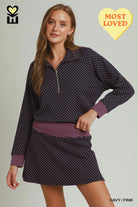 MOHMe by Umgee Navy Pink Polka Dot Half Zip Pullover-sweatshirt-Umgee-Deja Nu Boutique, Women's Fashion Boutique in Lampasas, Texas