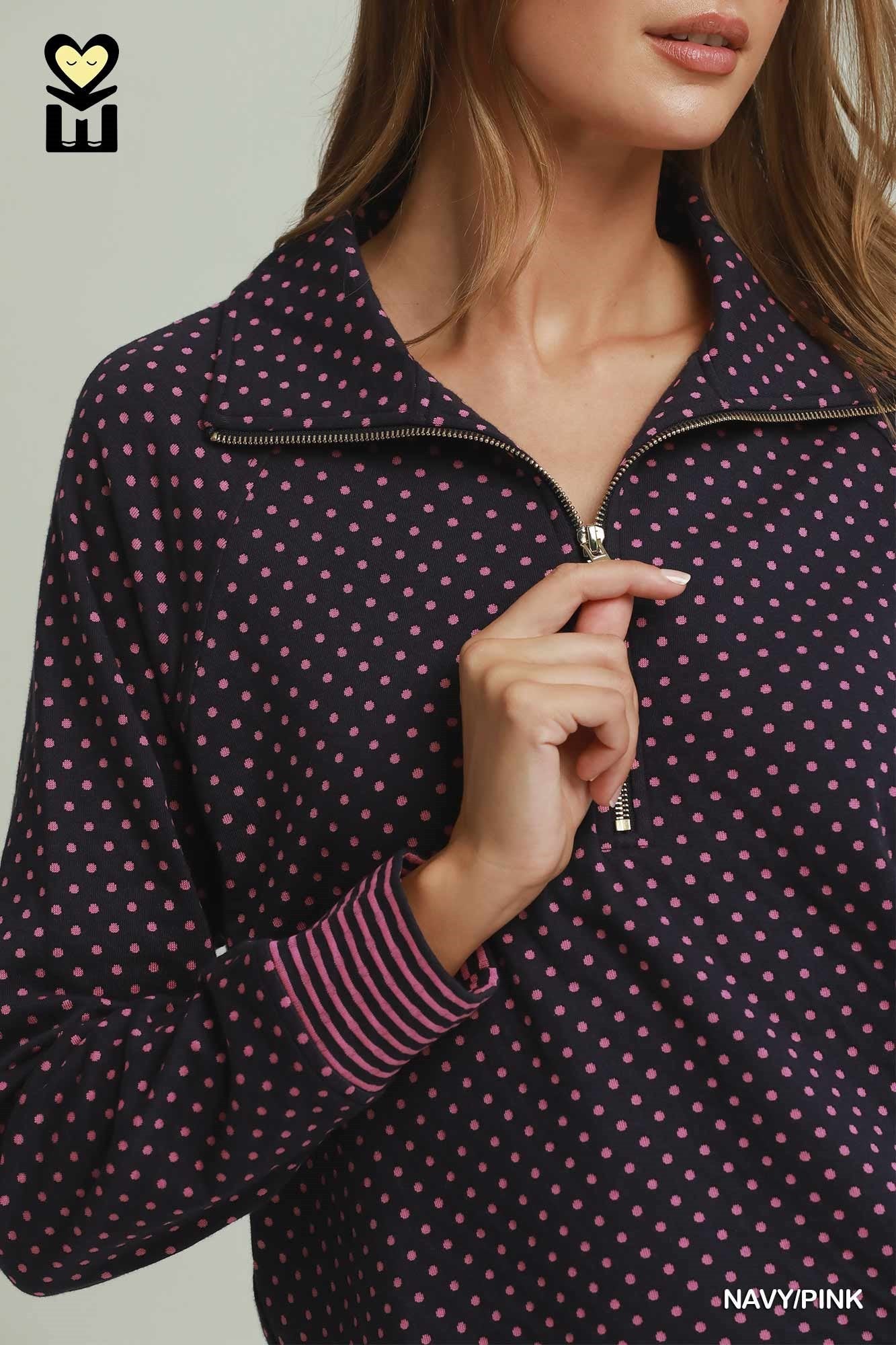 MOHMe by Umgee Navy Pink Polka Dot Half Zip Pullover-sweatshirt-Umgee-Deja Nu Boutique, Women's Fashion Boutique in Lampasas, Texas