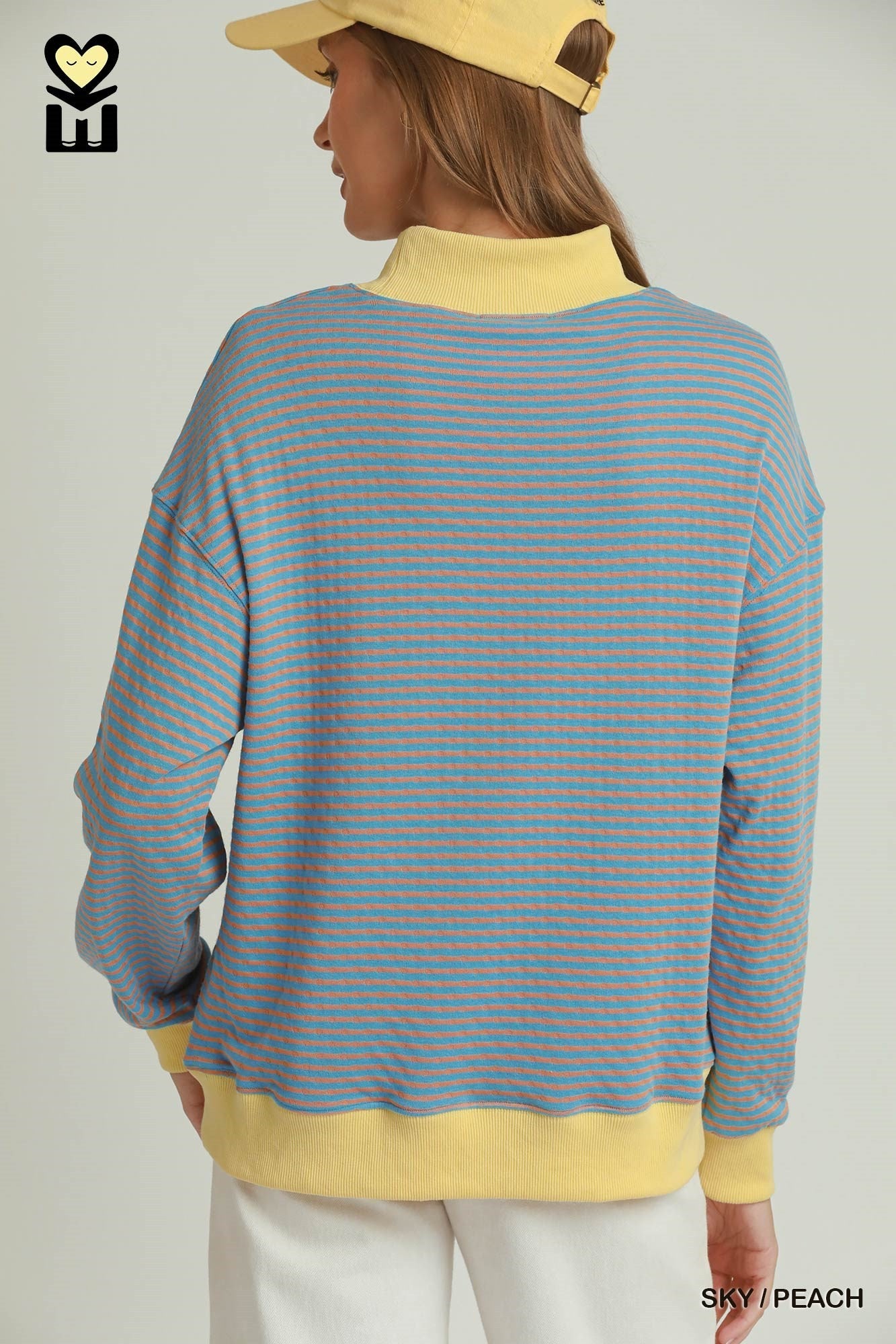 MOHMe by Umgee Reversible Stripe & Polka Dot Pullover – Sky/Peach-sweatshirt-Umgee-Deja Nu Boutique, Women's Fashion Boutique in Lampasas, Texas