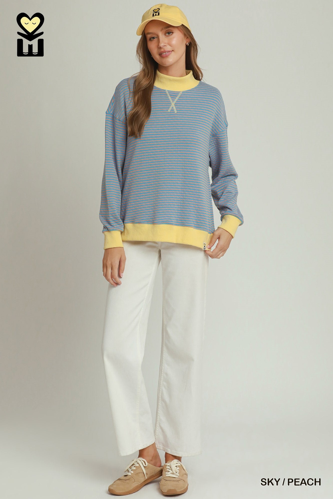 MOHMe by Umgee Reversible Stripe & Polka Dot Pullover – Sky/Peach-sweatshirt-Umgee-Deja Nu Boutique, Women's Fashion Boutique in Lampasas, Texas