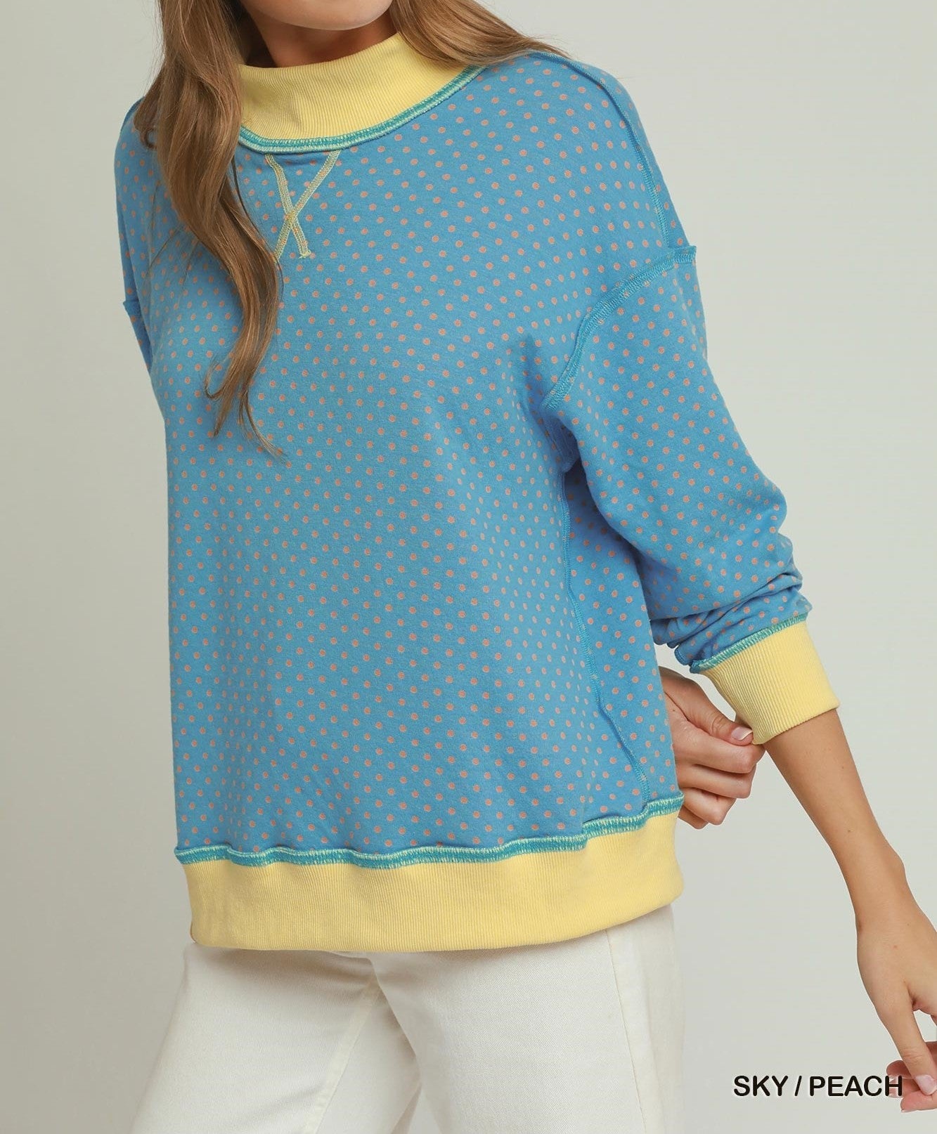 MOHMe by Umgee Reversible Stripe & Polka Dot Pullover – Sky/Peach-sweatshirt-Umgee-Deja Nu Boutique, Women's Fashion Boutique in Lampasas, Texas