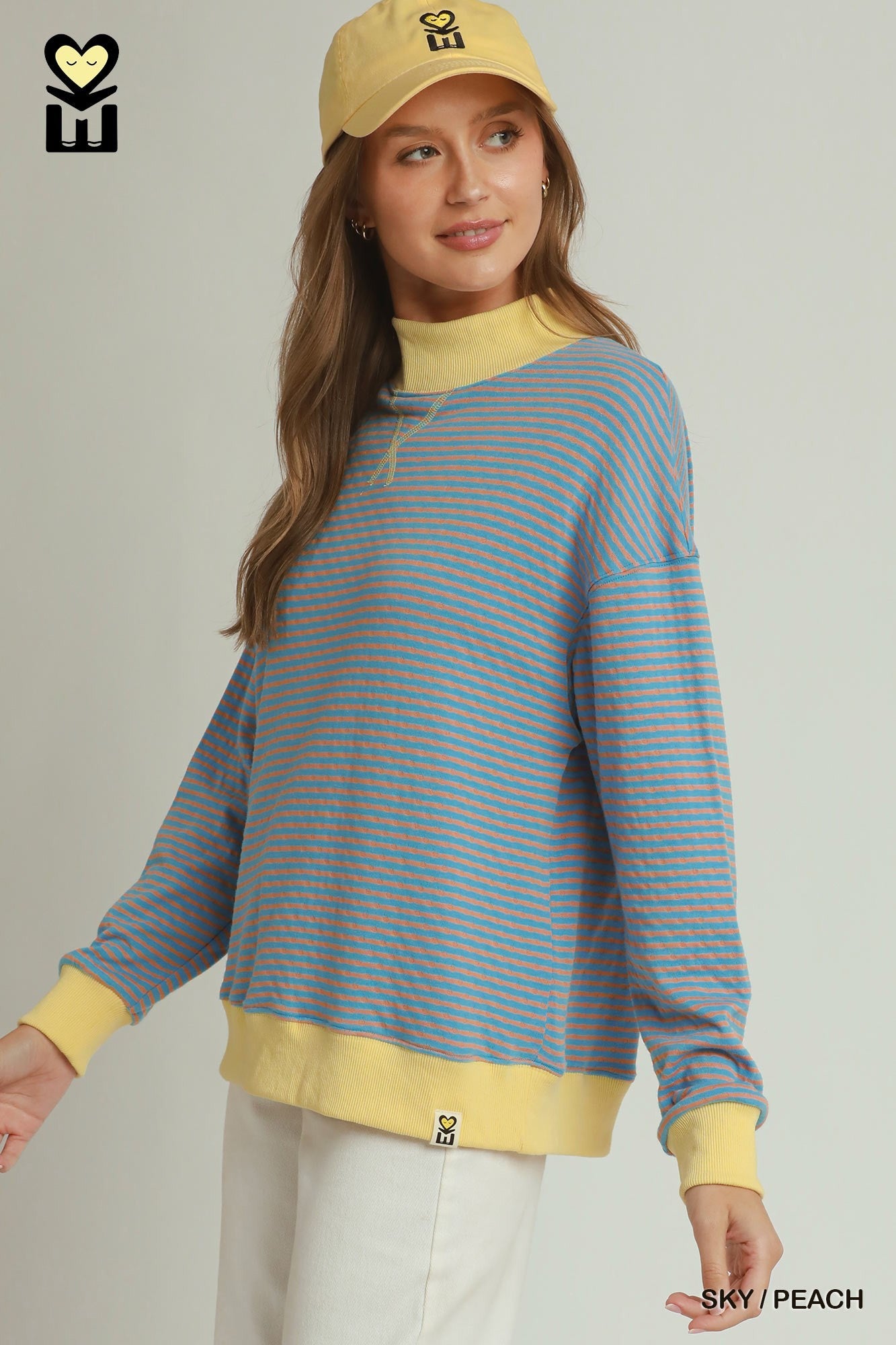 MOHMe by Umgee Reversible Stripe & Polka Dot Pullover – Sky/Peach-sweatshirt-Umgee-Deja Nu Boutique, Women's Fashion Boutique in Lampasas, Texas
