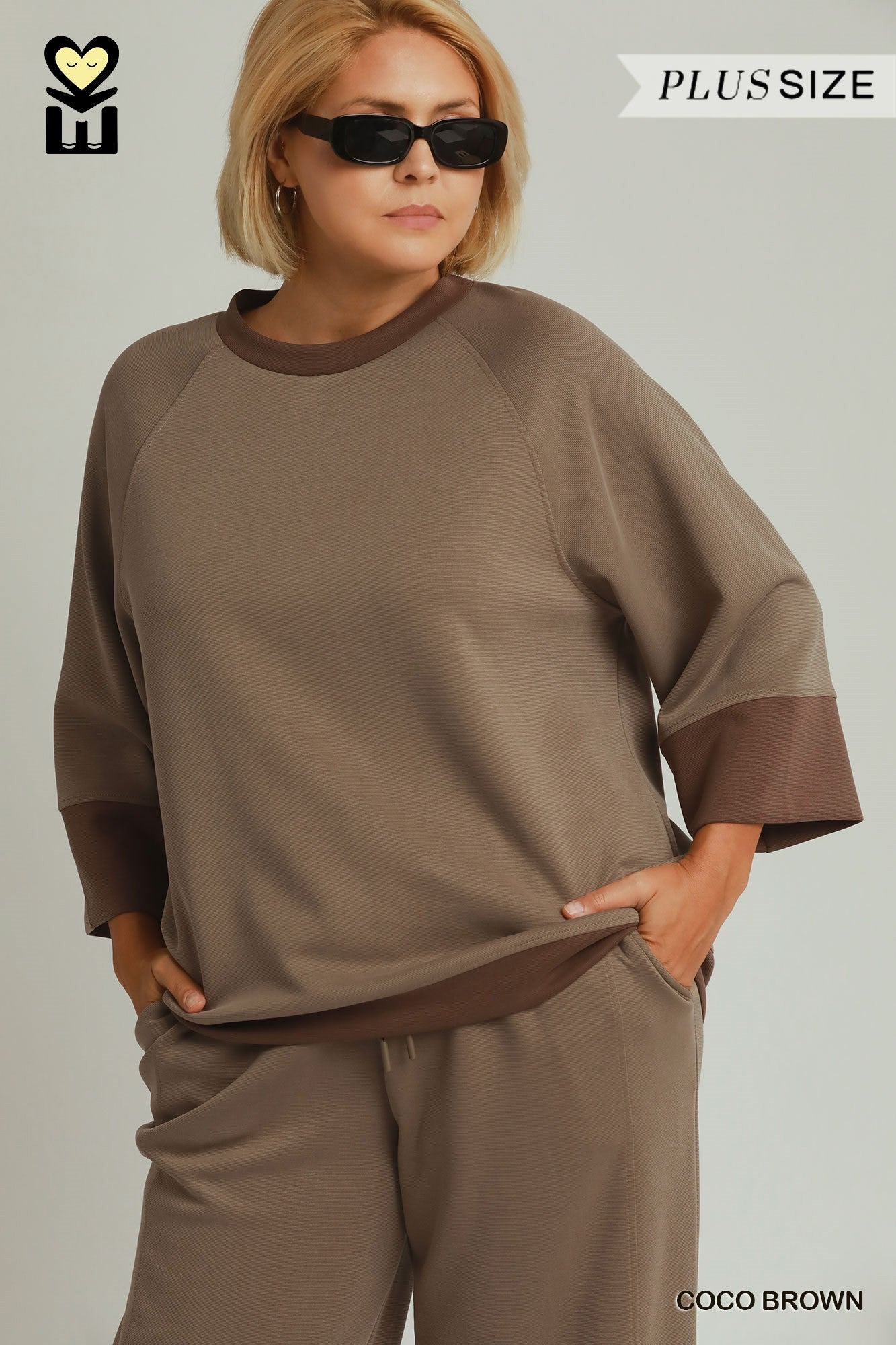 MOHMe by Umgee CloudKnit Modal Tencel Colorblock Crewneck Top in Coco Brown Plus-Curvy/Plus Tops-Umgee-Deja Nu Boutique, Women's Fashion Boutique in Lampasas, Texas