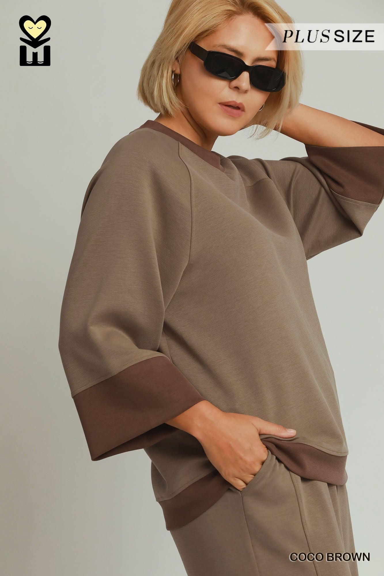 MOHMe by Umgee CloudKnit Modal Tencel Colorblock Crewneck Top in Coco Brown Plus-Curvy/Plus Tops-Umgee-Deja Nu Boutique, Women's Fashion Boutique in Lampasas, Texas