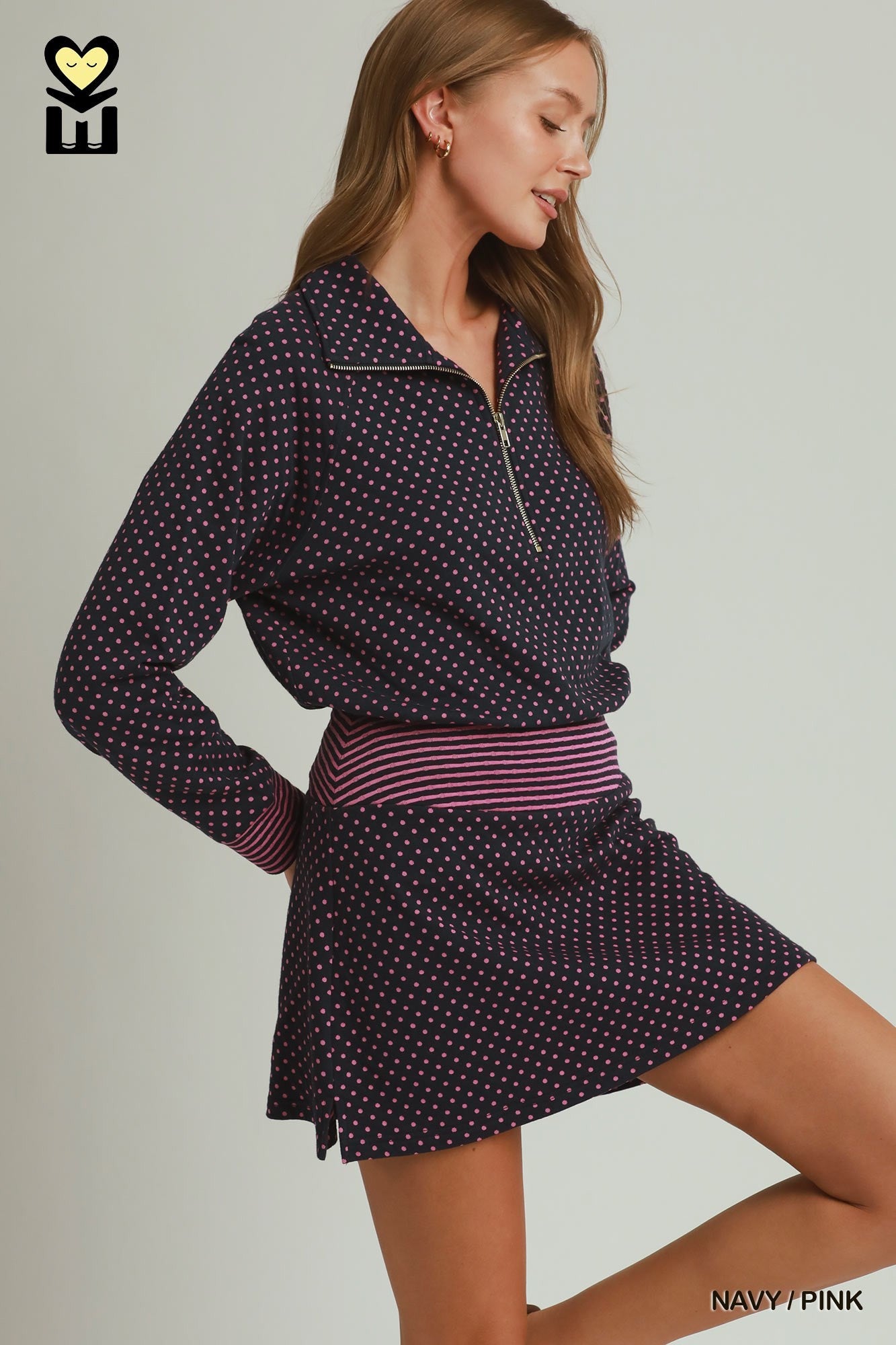MOHMe by Umgee Navy & Pink Polka Dot Stripe-Waistband Skort-skort-Umgee-Deja Nu Boutique, Women's Fashion Boutique in Lampasas, Texas