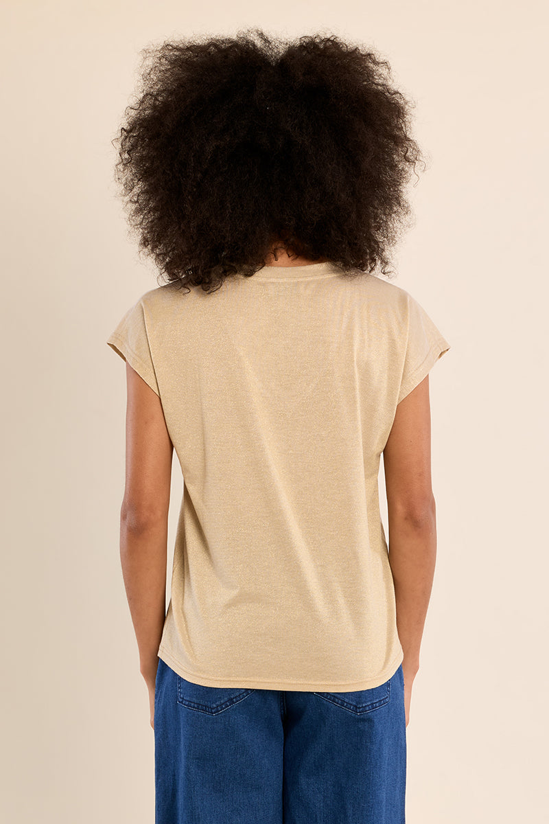 Molly Bracken Shimmer V-Neck Knit Tee in Beige & Silver-T-Shirts-Molly Bracken-Deja Nu Boutique, Women's Fashion Boutique in Lampasas, Texas