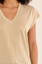 Molly Bracken Shimmer V-Neck Knit Tee in Beige & Silver-T-Shirts-Molly Bracken-Deja Nu Boutique, Women's Fashion Boutique in Lampasas, Texas