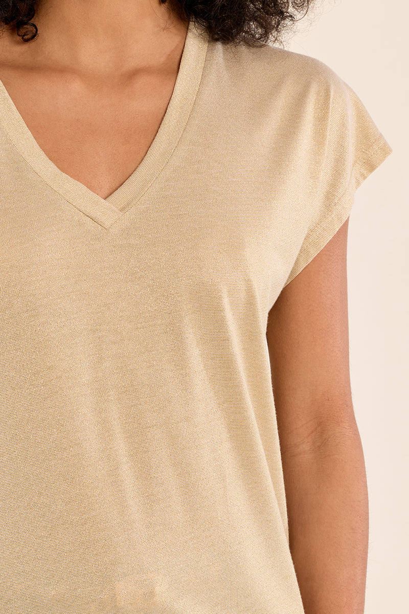 Molly Bracken Shimmer V-Neck Knit Tee in Beige & Silver-T-Shirts-Molly Bracken-Deja Nu Boutique, Women's Fashion Boutique in Lampasas, Texas