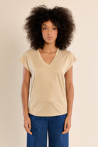 Molly Bracken Shimmer V-Neck Knit Tee in Beige & Silver-T-Shirts-Molly Bracken-Deja Nu Boutique, Women's Fashion Boutique in Lampasas, Texas