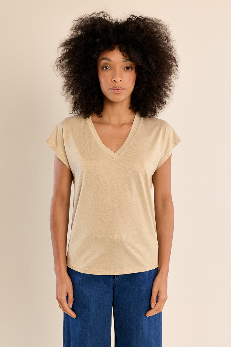 Molly Bracken Shimmer V-Neck Knit Tee in Beige & Silver-T-Shirts-Molly Bracken-Deja Nu Boutique, Women's Fashion Boutique in Lampasas, Texas