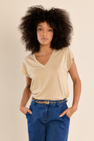 Molly Bracken Shimmer V-Neck Knit Tee in Beige & Silver-T-Shirts-Molly Bracken-Deja Nu Boutique, Women's Fashion Boutique in Lampasas, Texas
